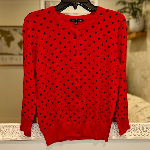 Cable & Gauge Sweaters - Cable & Gauge Red & Black Polka Dot 3/4 Sleeves Cardigan Sweater Front Buttons M